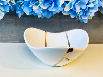 Kintsugi Repaired Medium Porcelain White Curved Bowl